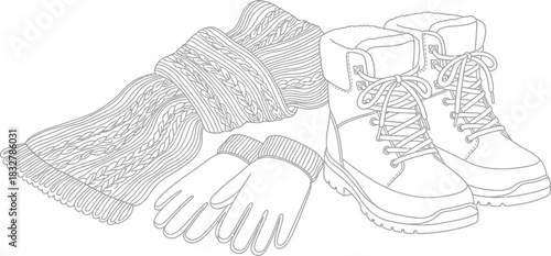 Winter apparel illustration featuring boots scarf and gloves in black and white