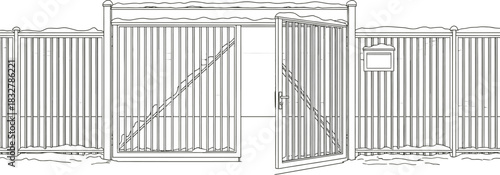 Open metal gate with snow in winter in a line drawing style illustration