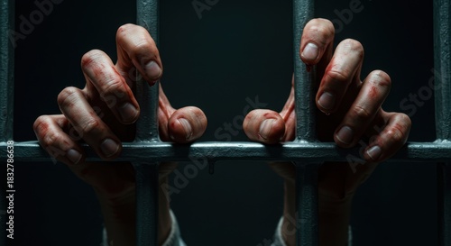 A close-up of a prisoner's bloody hands gripping the cold steel bars of a dark jail cell.