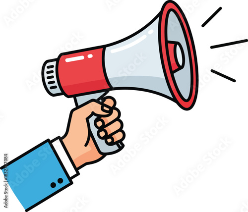 A cartoon hand in a blue suit sleeve holds a red and white megaphone broadcasting a message.