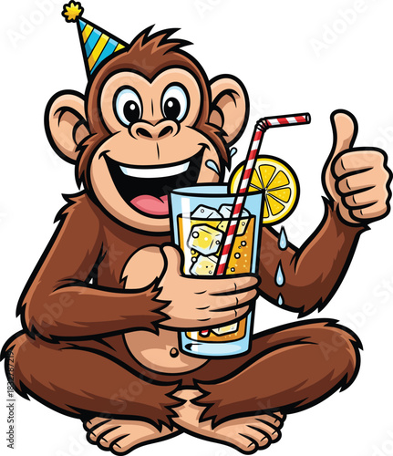 A cheerful cartoon monkey wearing a party hat holding a cold drink with a straw and giving a thumbsup.