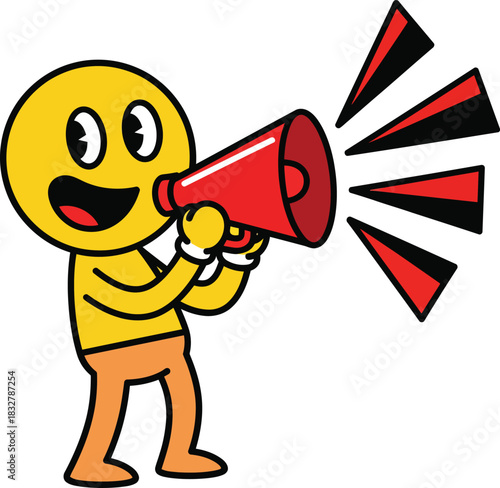 A cheerful yellow cartoon character with a smiling face shouting into a red megaphone.