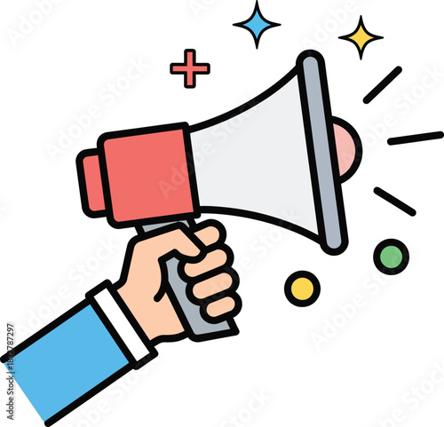 A colorful cartoon hand in a blue sleeve firmly holding a red and grey megaphone for an important announcement.