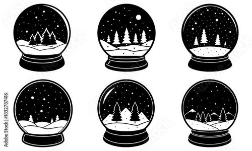 Enchanting snow globe collection showcasing winter wonderlands, perfect for holiday designs, seasonal promotions, and festive celebrations originally a vector graphic