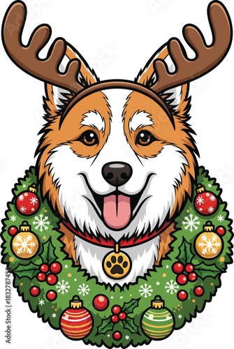 A happy Corgi dog illustration wearing reindeer antlers and a festive Christmas wreath.