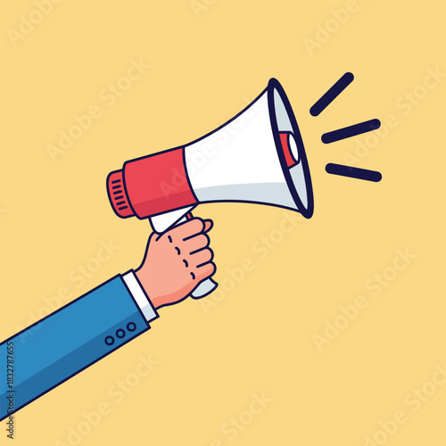 Cartoon hand in a blue business suit holding a red and white megaphone for an announcement.