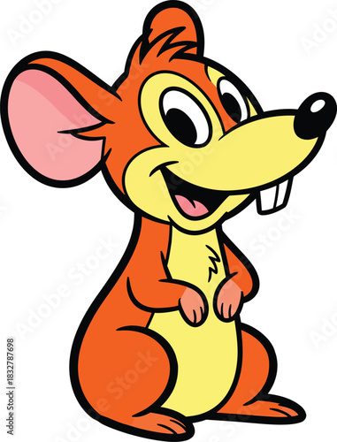 Cheerful orange cartoon mouse with a yellow belly large pink ears and prominent buck teeth standing and smiling.