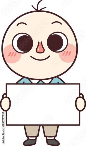 Cute cartoon character with a round head and rosy cheeks holding a blank white sign.