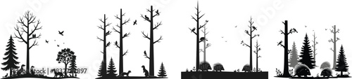 Monochrome silhouette of a forest edge with bare trees and conifers