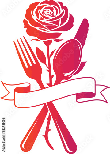 Elegant red gradient silhouette of a rose with crossed fork spoon and knife wrapped in a blank banner.