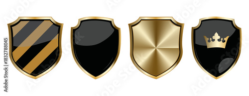 Luxury golden shield emblem set with blank crest and crown icon designs for premium branding