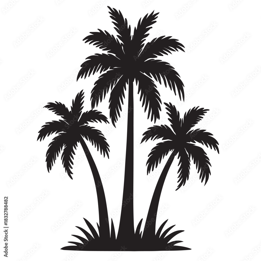 Obraz premium Silhouette of three palm trees on a grassy mound tropical