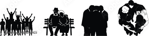 Silhouette of people couple on bench bear and abstract form in black