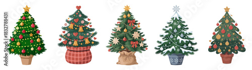 Minimalist watercolor-style illustration of four decorated Christmas trees with stars, ornaments, bows, and festive bases isolated on transparent background