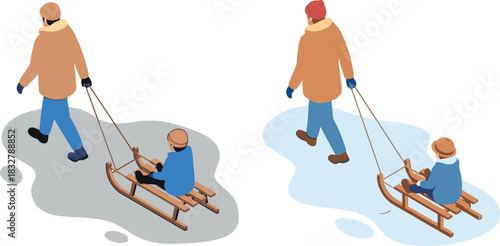 Family sledding silhouette