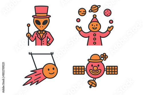 Wallpaper Mural Fun and imaginative cartoon characters showcasing an alien, clown, and cosmic elements in a colorful design Torontodigital.ca