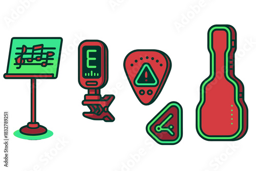 Music tools for musicians featuring sheet music, tuner, pick, and guitar accessories in a simple design