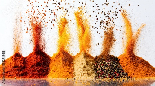 Fototapeta Naklejka Na Ścianę i Meble -  Spice powder cloud bursting upward multiple colorful spice piles synchronized explosion paprika turmeric pepper ginger culinary motion kitchen action