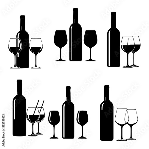 Wine bottle with wine glass icons set