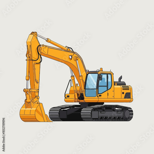 Detailed depiction of a yellow excavator with intricate mechanical components showcased in clear