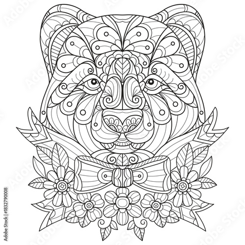 Black bear and beautiful bow hand drawn for adult coloring book