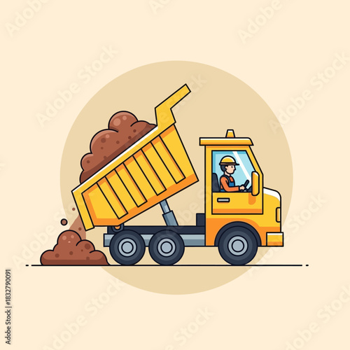 Animated construction vehicle: Illustrated dump truck unloading soil with a worker inside,