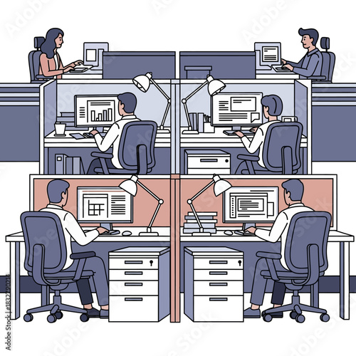 Illustration of office employees working diligently in cubicles.