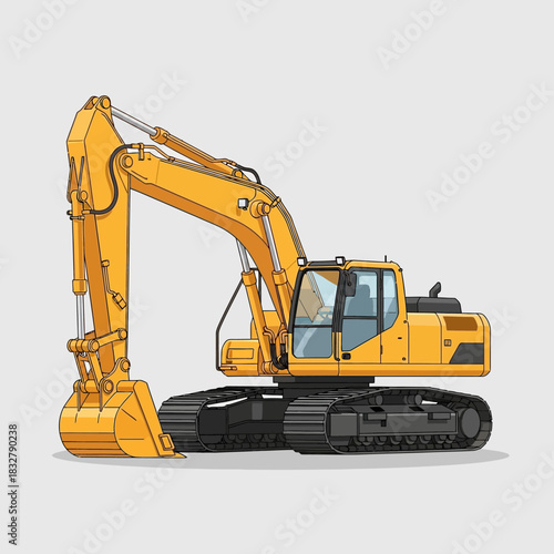 Detailed illustration of a bright yellow excavator with intricate line work and shadowing