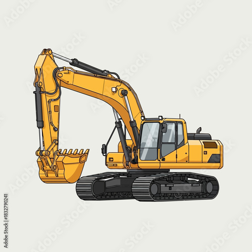 Vibrant Yellow Excavator Illustration: A Detailed Depiction of Heavy Machinery for Construction or