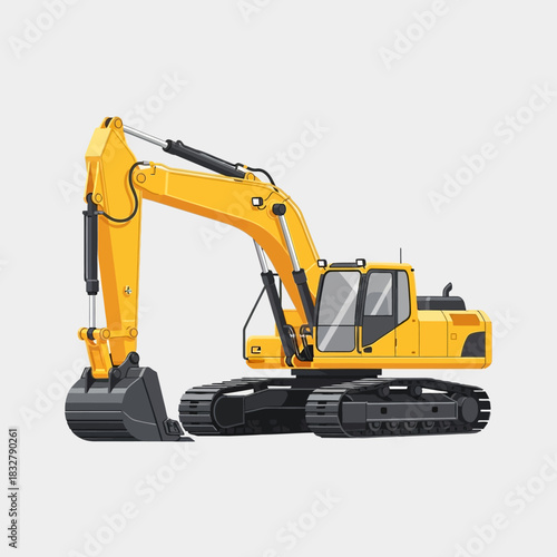 A detailed illustration of a yellow excavator construction equipment on light gray backdrop
