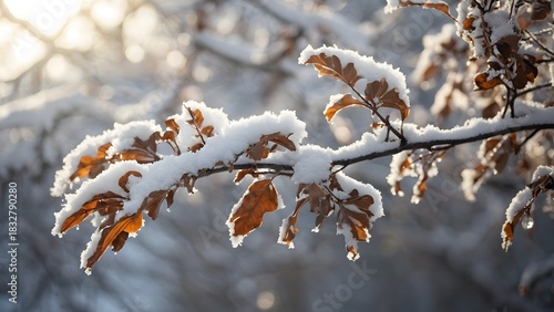 Snow-covered Branches With Brown Leaves in a Winter Landscape During the Early Morning Light