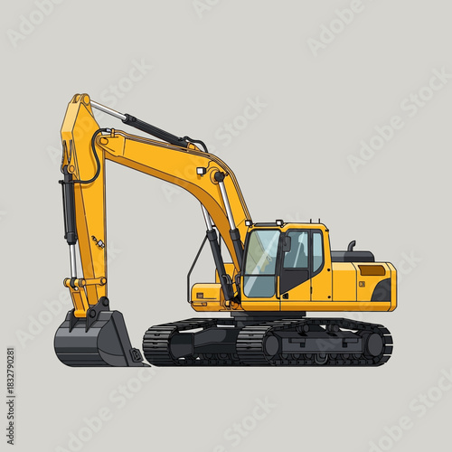 Illustrative rendition of a yellow excavator against a neutral background showcasing construction