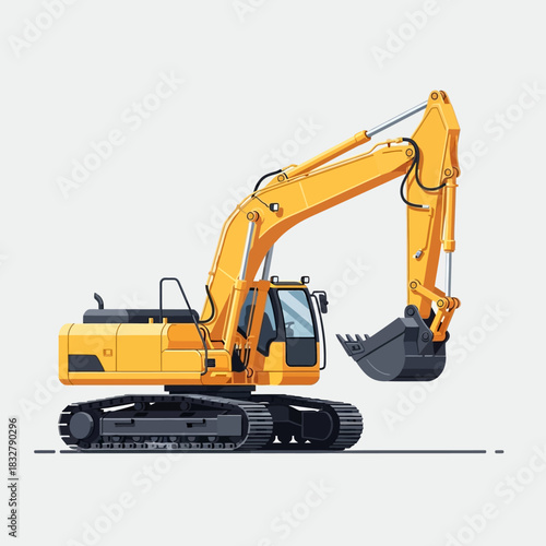 Detailed Illustration of a Yellow Excavator on a White Backdrop Showcasing Heavy Equipment