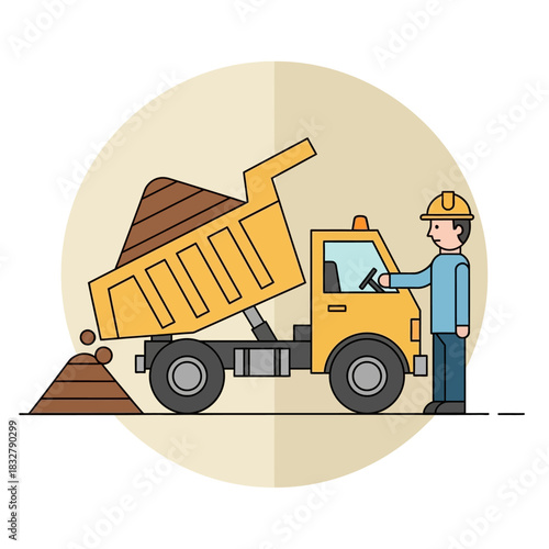 Construction worker operates dump truck unloading soil in illustrative flat design style
