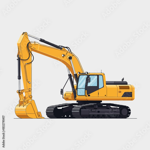 Detailed vector illustration of a bright yellow excavator on a clean background