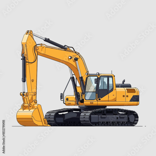 Detailed illustration of a construction excavator vehicle in vibrant yellow color scheme