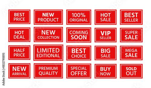 Sale stamp imprint. Set of red sold out emblem in frame. Rectangle best price stickers. New arrival label in border. Marketing retail badge. Text box with buy tags. Sale product mark. Vector illustrat