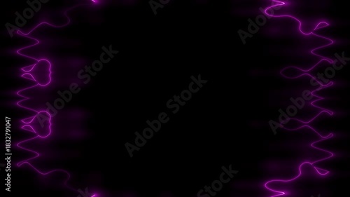 Neon, fading in and out, wavy, glowing pink perpendicular vertical lines creating an abstract frame on a black background. Space for your own content.