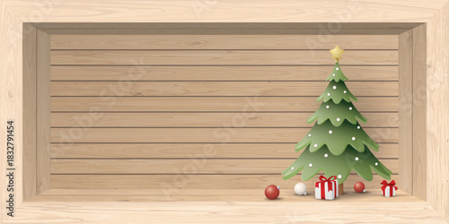 3D cute decorated Christmas tree and elements in whitewashed wooden rectangle box have space for placing products presentation graphic illustration.