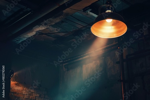 Light beam from industrial lamp illuminating dark basement with brick wall and pipes, creating mysterious atmosphere
