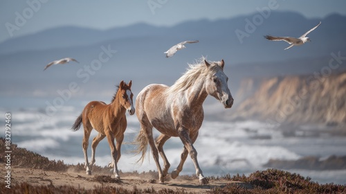 Elegant wild mare and colt trotting along coastal cliffs ocean waves crashing below and seagulls circling above