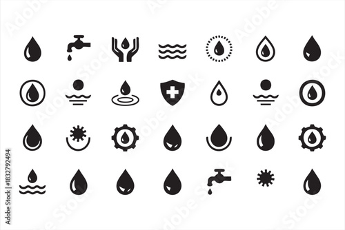 Hydration and droplet icons for health campaigns, eco designs, and awareness media