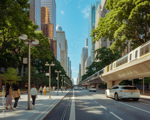 A stylish street of the future city in summer. Elegant building facades frame the roadway, showcasing clean, innovative urban design and bright daylight.