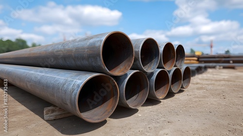 Wallpaper Mural A stack of large weathered metal pipes rests on a construction site under a bright blue sky with scattered clouds Torontodigital.ca