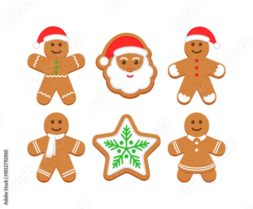 Christmas gingerbread characters, Santa Claus, star cookie. Noel holiday sweet dessert. Cute ginger bread character in Xmas design. Classic cookies isolated on white background. Vector illustration