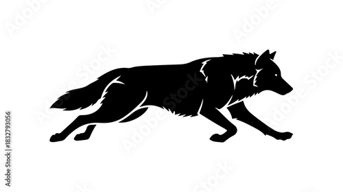 Powerful wolf silhouette strikes dynamic pose, ideal for nature logo or wildlife symbol