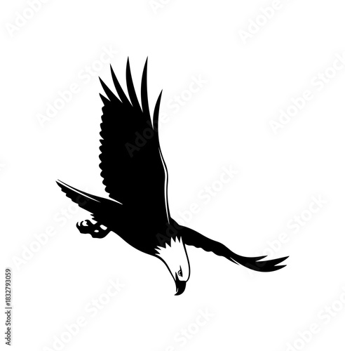 Majestic eagle soars powerfully, wings spread wide in dynamic flight, vector symbol icon