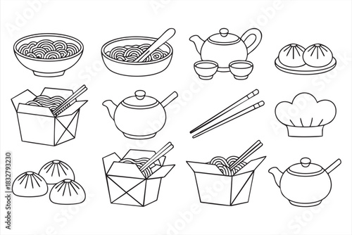Minimal Asian cuisine illustration set for restaurant branding and digital layouts