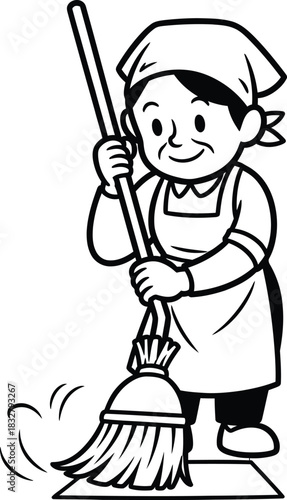 A cheerful elderly woman in a bandana and apron smiling while sweeping with a traditional broom.