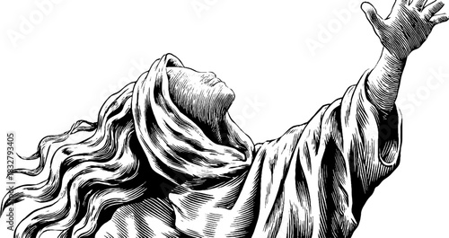 Elegantly engraved breeze spirit figure with flowing hair and reach gesture for artistic design